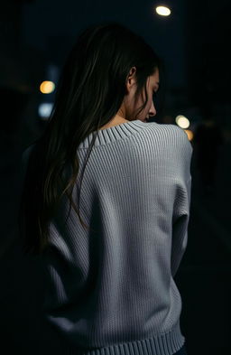 A young woman seen from the back, her posture slumped in sadness, wearing a soft, oversized sweater