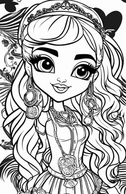 A black and white coloring book page featuring detailed and stylish illustrations of the Bratz characters