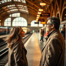 A lone woman standing at a train station, gazing into the distance where she observes a man and a woman