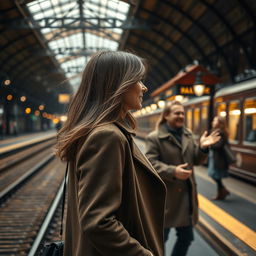 A lone woman standing at a train station, gazing into the distance where she observes a man and a woman