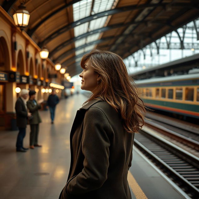 A lone woman standing at a train station, gazing into the distance where she observes a man and a woman