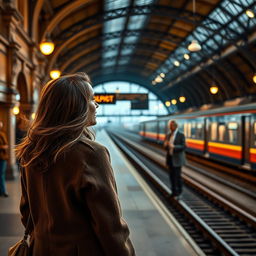 A lone woman standing at a train station, gazing into the distance where she observes a man and a woman