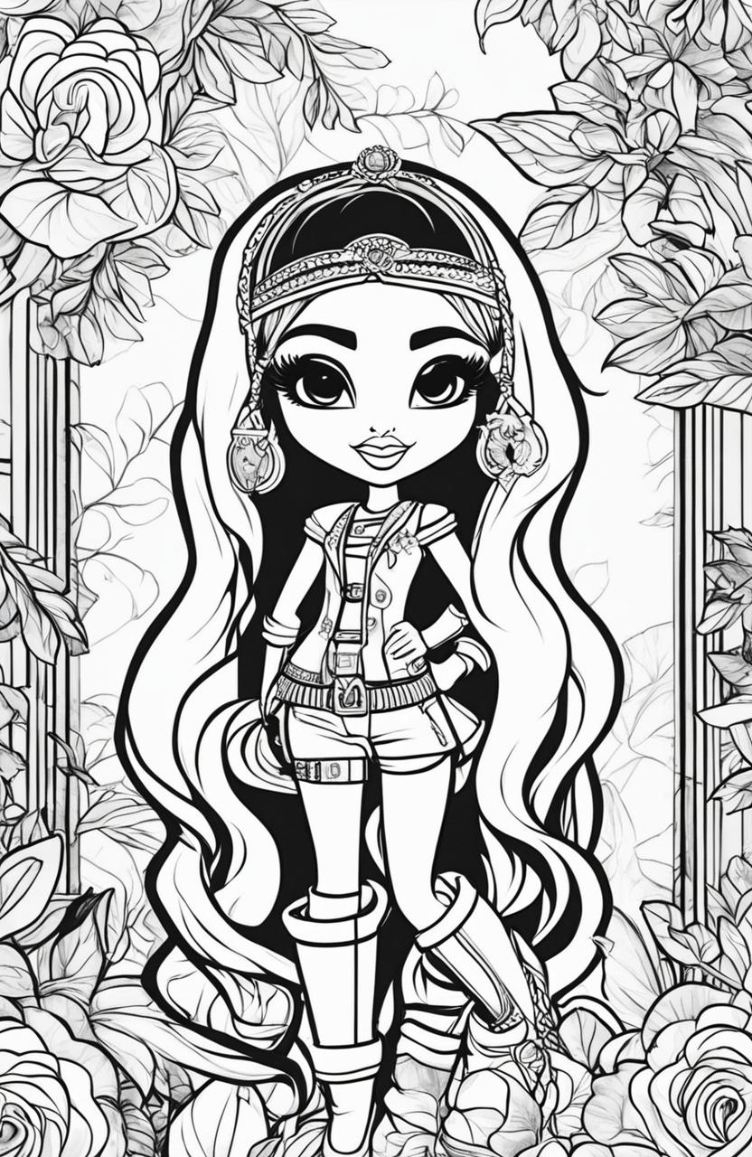 A black and white coloring book page featuring detailed and stylish illustrations of the Bratz characters