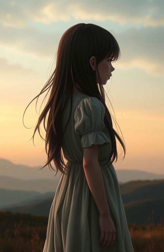 A girl with a sad expression, seen from the back