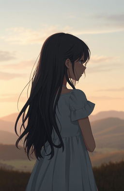 A girl with a sad expression, seen from the back