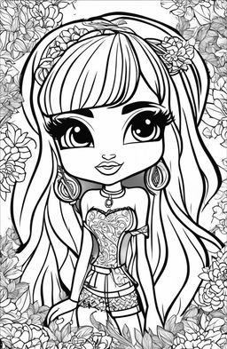 A black and white coloring book page featuring detailed and stylish illustrations of the Bratz characters