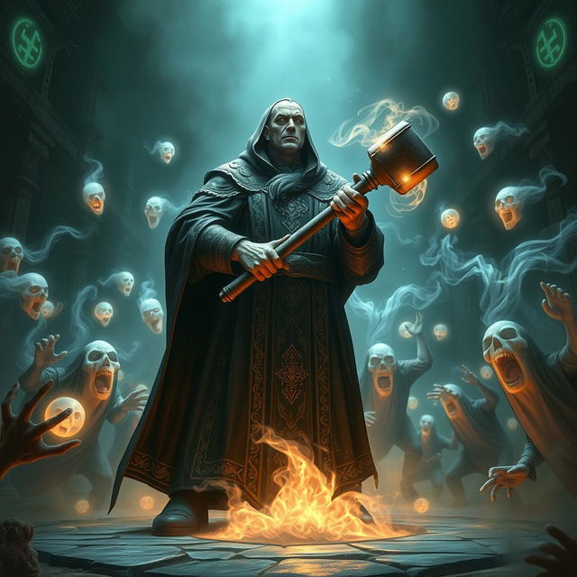 A thrilling scene depicting the Judge of the Underworld, an imposing figure clad in dark, ornate robes, wielding a large, ethereal gavel as he confronts an army of swirling, translucent ghosts