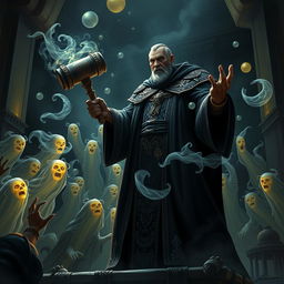 A thrilling scene depicting the Judge of the Underworld, an imposing figure clad in dark, ornate robes, wielding a large, ethereal gavel as he confronts an army of swirling, translucent ghosts