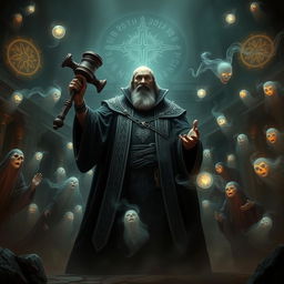 A thrilling scene depicting the Judge of the Underworld, an imposing figure clad in dark, ornate robes, wielding a large, ethereal gavel as he confronts an army of swirling, translucent ghosts