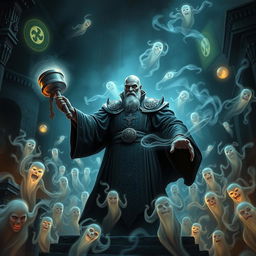 A thrilling scene depicting the Judge of the Underworld, an imposing figure clad in dark, ornate robes, wielding a large, ethereal gavel as he confronts an army of swirling, translucent ghosts