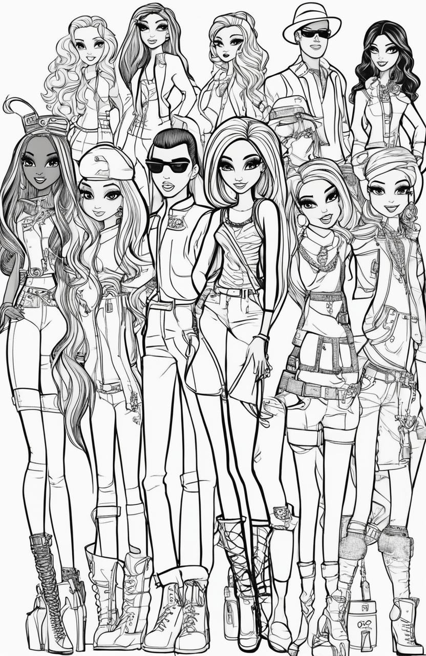 A high-quality black and white image in the style of a Bratz colouring book page, featuring the iconic characters in trendy outfits and various elements from the Bratz universe