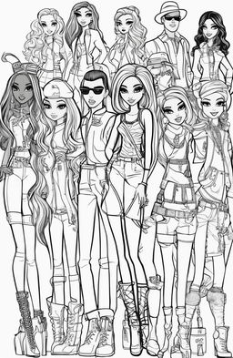 A high-quality black and white image in the style of a Bratz colouring book page, featuring the iconic characters in trendy outfits and various elements from the Bratz universe