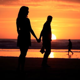 A poignant scene on a beach at sunset, where the background features a silhouette of a woman standing alone, gazing at a man in the distance who is walking hand-in-hand with his girlfriend