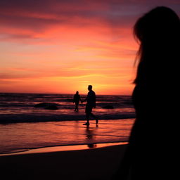 A poignant scene on a beach at sunset, where the background features a silhouette of a woman standing alone, gazing at a man in the distance who is walking hand-in-hand with his girlfriend