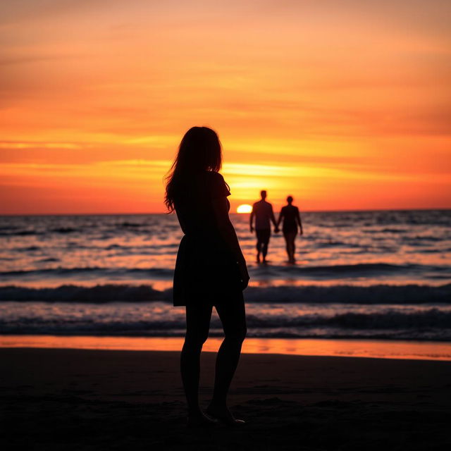 A poignant scene on a beach at sunset, where the background features a silhouette of a woman standing alone, gazing at a man in the distance who is walking hand-in-hand with his girlfriend