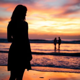 A poignant scene on a beach at sunset, where the background features a silhouette of a woman standing alone, gazing at a man in the distance who is walking hand-in-hand with his girlfriend