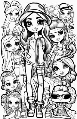 A high-quality black and white image in the style of a Bratz colouring book page, featuring the iconic characters in trendy outfits and various elements from the Bratz universe