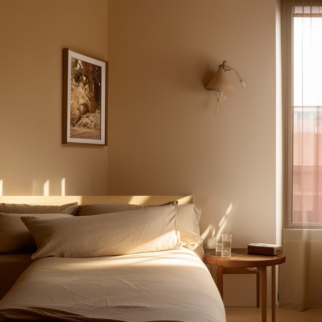 An inviting Airbnb room with a comfortable bed, a side table, and a beige-colored bedside wall. The room features good lighting, a wall photo, and warm-colored curtains.