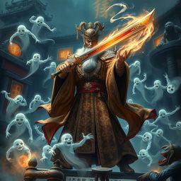 A captivating scene depicting a Chinese Judge of the Underworld, dressed in elaborate, traditional robes adorned with mystical patterns, wielding a gleaming ceremonial sword as he confronts a swarm of eerie, translucent ghosts