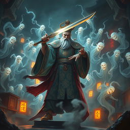 A captivating scene depicting a Chinese Judge of the Underworld, dressed in elaborate, traditional robes adorned with mystical patterns, wielding a gleaming ceremonial sword as he confronts a swarm of eerie, translucent ghosts