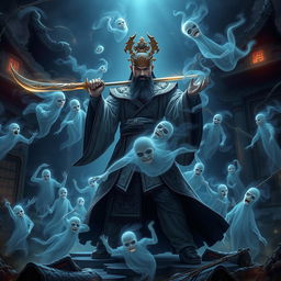 A captivating scene depicting a Chinese Judge of the Underworld, dressed in elaborate, traditional robes adorned with mystical patterns, wielding a gleaming ceremonial sword as he confronts a swarm of eerie, translucent ghosts