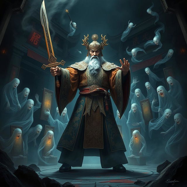 A captivating scene depicting a Chinese Judge of the Underworld, dressed in elaborate, traditional robes adorned with mystical patterns, wielding a gleaming ceremonial sword as he confronts a swarm of eerie, translucent ghosts