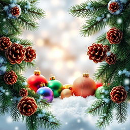 A beautiful New Year's wallpaper featuring large fir branches adorned with sparkling pine cones, elegantly framing the edges