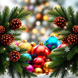 A beautiful New Year's wallpaper featuring large fir branches adorned with sparkling pine cones, elegantly framing the edges