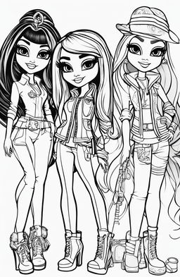 A high-quality black and white image in the style of a Bratz colouring book page, featuring the iconic characters in trendy outfits and various elements from the Bratz universe