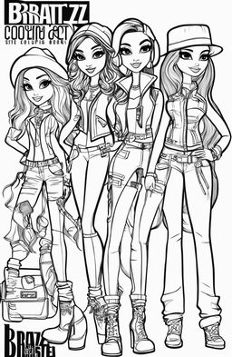 A high-quality black and white image in the style of a Bratz colouring book page, featuring the iconic characters in trendy outfits and various elements from the Bratz universe