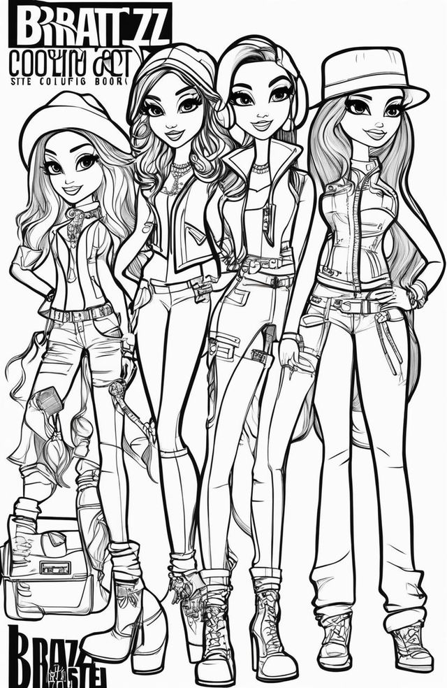 A high-quality black and white image in the style of a Bratz colouring book page, featuring the iconic characters in trendy outfits and various elements from the Bratz universe