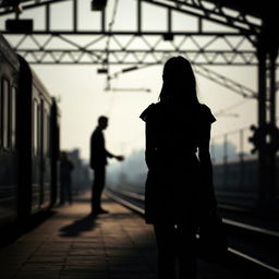 A silhouette of a woman standing alone at a train station, observing a man holding hands with his girlfriend in the distance