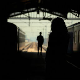 A silhouette of a woman standing alone at a train station, observing a man holding hands with his girlfriend in the distance
