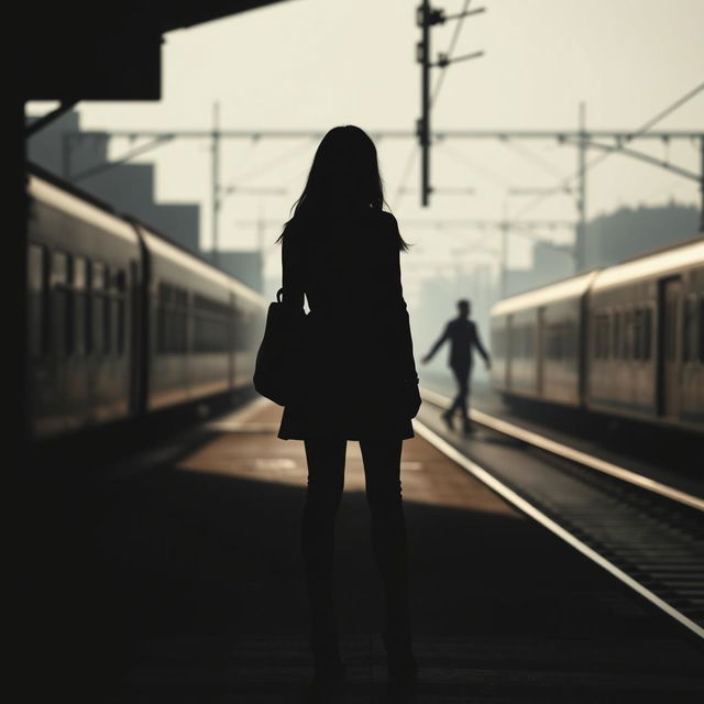 A silhouette of a woman standing alone at a train station, observing a man holding hands with his girlfriend in the distance