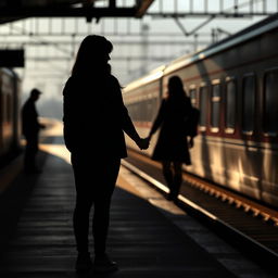 A silhouette of a woman standing alone at a train station, observing a man holding hands with his girlfriend in the distance