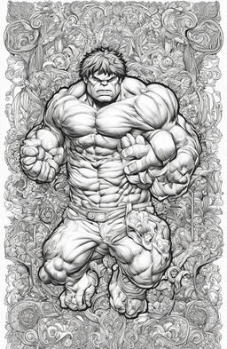 A high-quality, intricate coloring page featuring the Marvel character, the Incredible Hulk, drawn in the detailed and whimsical style of Johanna Basford