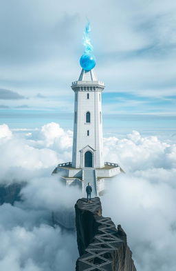 A majestic white castle tower with a blue fireball floating at its tip, surrounded by a water moat