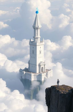 A majestic white castle tower with a blue fireball floating at its tip, surrounded by a water moat