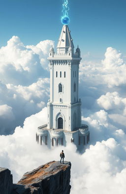 A majestic white castle tower with a blue fireball floating at its tip, surrounded by a water moat