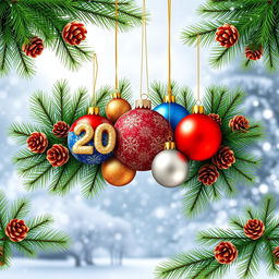 A New Year's themed wallpaper featuring large green fir branches adorned with pine cones along the edges