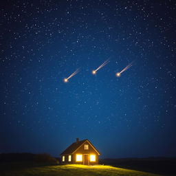 A serene night sky filled with twinkling stars scattered across the deep blue canvas, with vibrant flying comets streaking across the horizon, leaving trails of light