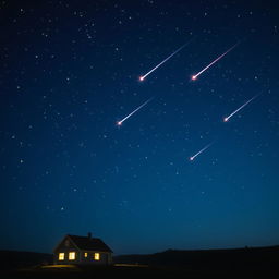 A serene night sky filled with twinkling stars scattered across the deep blue canvas, with vibrant flying comets streaking across the horizon, leaving trails of light