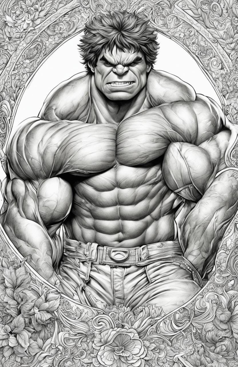 A high-quality, intricate coloring page featuring the Marvel character, the Incredible Hulk, drawn in the detailed and whimsical style of Johanna Basford