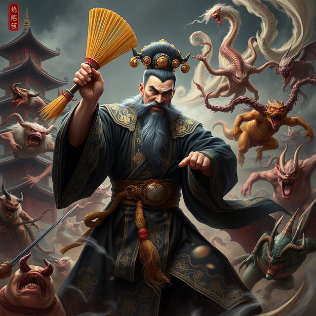 A fierce Chinese judge of the underworld, clad in traditional dark robes adorned with intricate gold embroidery, wields a shimmering whisk in a dynamic pose, engaging in an epic battle against various demons