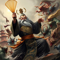 A fierce Chinese judge of the underworld, clad in traditional dark robes adorned with intricate gold embroidery, wields a shimmering whisk in a dynamic pose, engaging in an epic battle against various demons