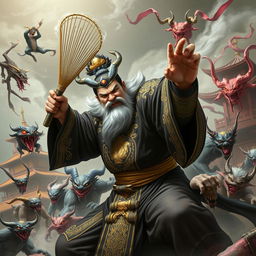 A fierce Chinese judge of the underworld, clad in traditional dark robes adorned with intricate gold embroidery, wields a shimmering whisk in a dynamic pose, engaging in an epic battle against various demons