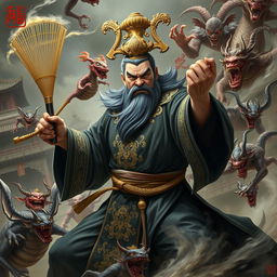 A fierce Chinese judge of the underworld, clad in traditional dark robes adorned with intricate gold embroidery, wields a shimmering whisk in a dynamic pose, engaging in an epic battle against various demons
