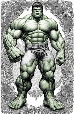 A high-quality, intricate coloring page featuring the Marvel character, the Incredible Hulk, drawn in the detailed and whimsical style of Johanna Basford