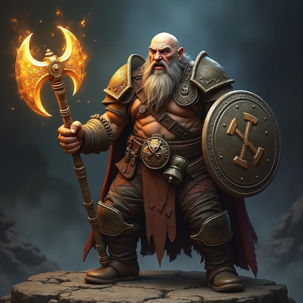 A detailed image of a snarling bald Dwarven war cleric who is a devoted follower of Clangeddin Silverbeard