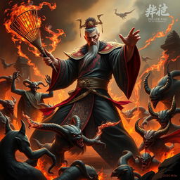A powerful Chinese judge of the underworld, dressed in ornate black robes with red accents and intricate gold patterns, boldly wields a magical whisk, engaged in a fierce battle against a horde of demons in a fiery hellscape